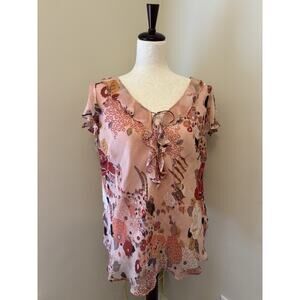vision apparel VTG Fairy Blouse 100% Silk Classy Ruffled Floral Pink 90s Size 1X